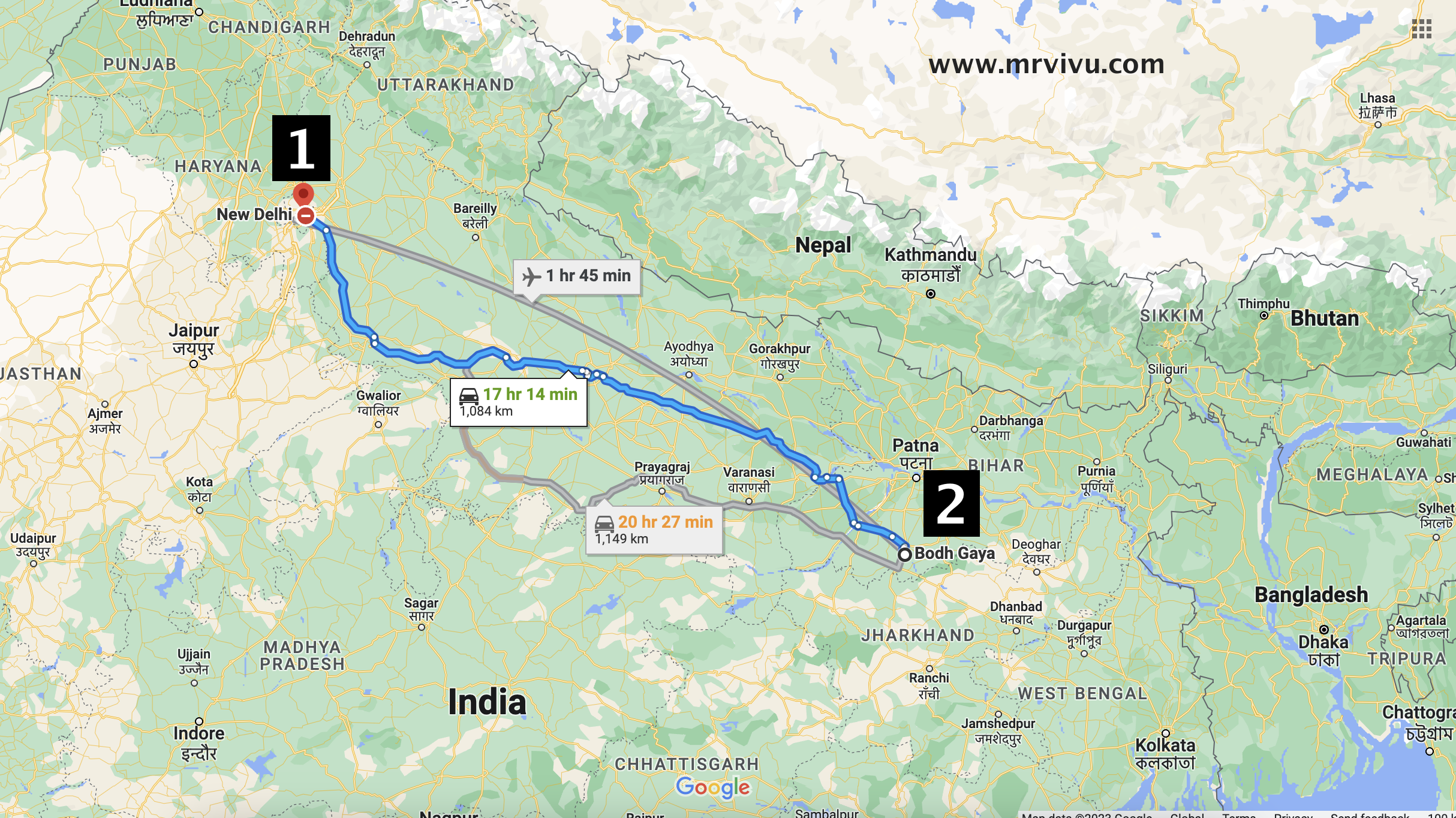 Bản đồ từ New Delhi tới Bodh Gaya